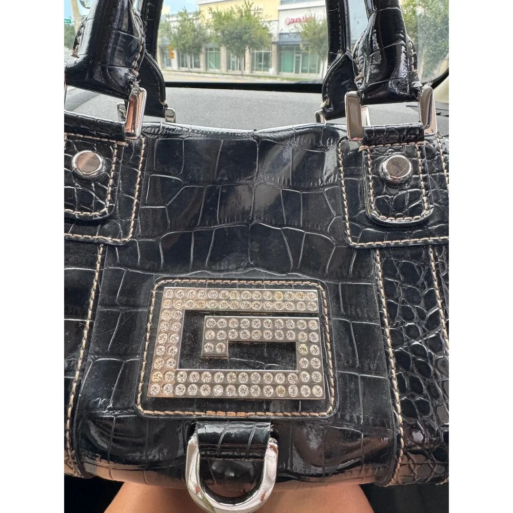 Guess Y2K Rhinestone Bag Black Croc McBling 2000s Bratz It Girl Vintage Purse
